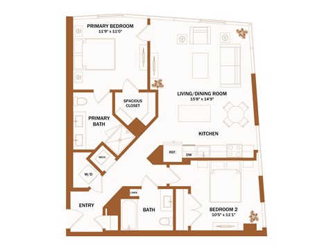 A floor plan of a house with two bedrooms, a living/dining room, a kitchen, a spacious closet, a bath, and an entry.